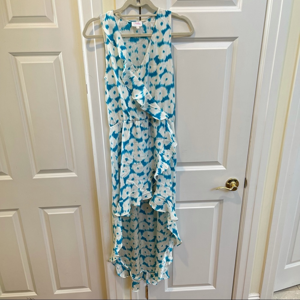 Parker White And Blue Print Silk High-Low Dress